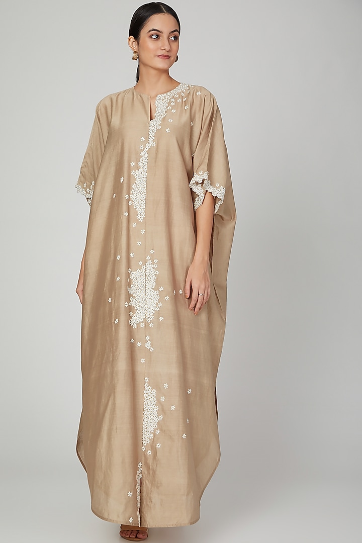 Beige Hand Embroidered Kaftan by Lavender at Pernia's Pop Up Shop