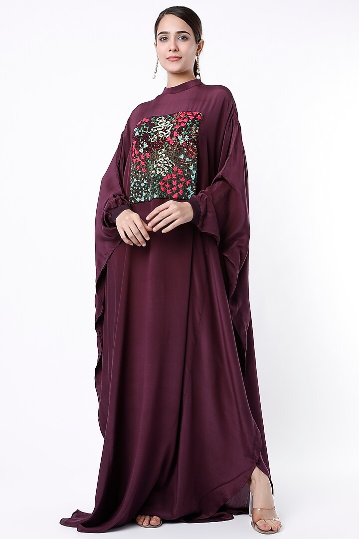 Wine Hand Embroidered Kaftan by Lavender