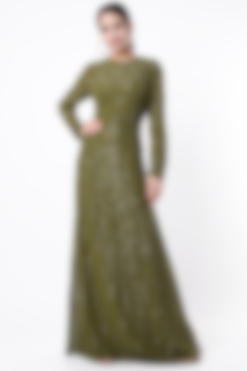 Olive Green Sequins Hand Embroidered Dress by Lavender