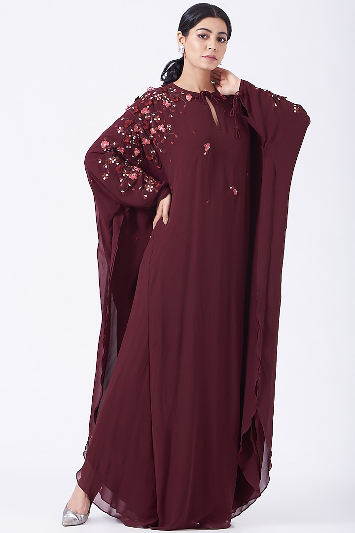 Wine Floral Embroidered Kaftan by Lavender