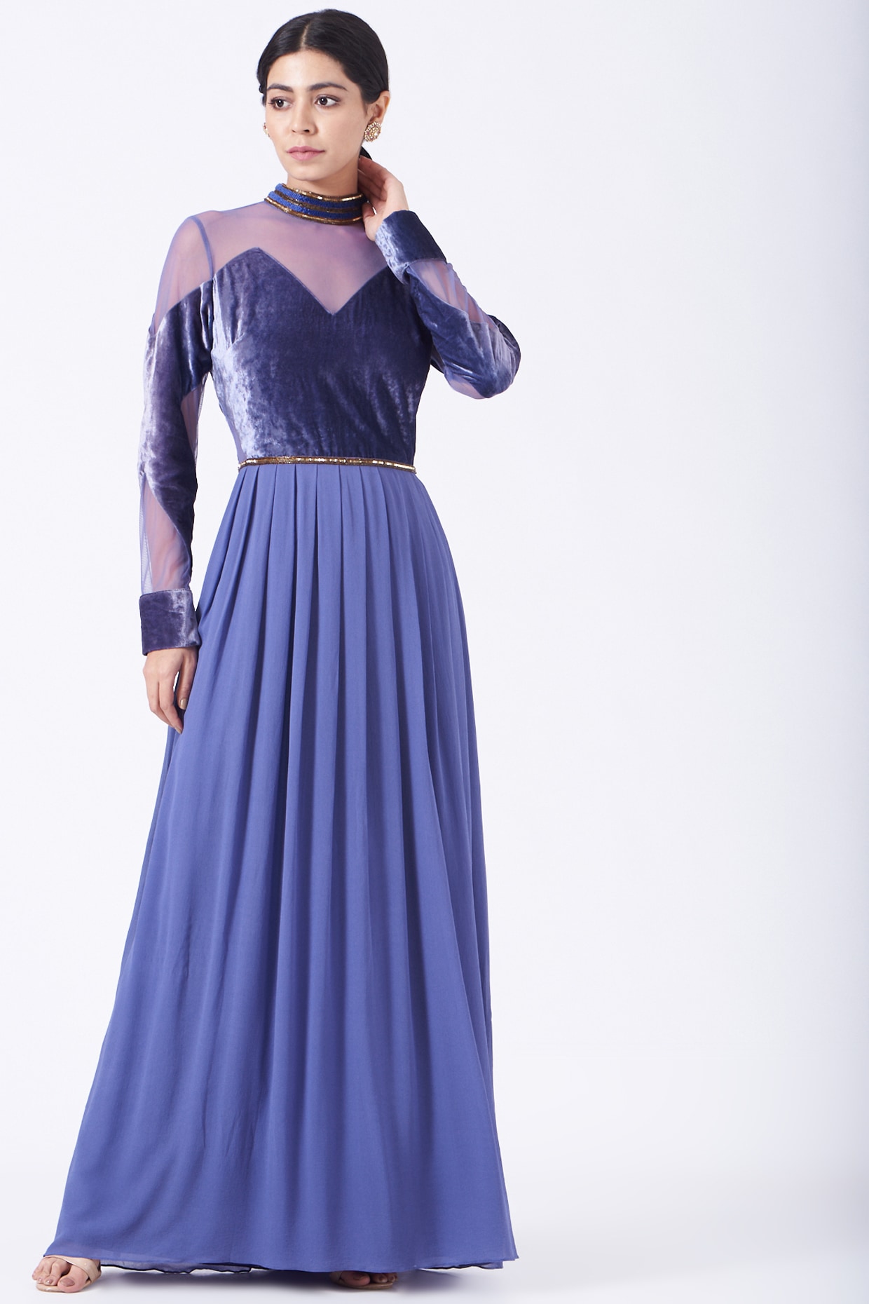 Blue Ikkat pleated Dress with hand embroidered Pockets and Yoke