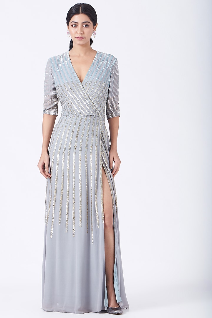 Bluish Grey Hand Embroidered Gown by Lavender