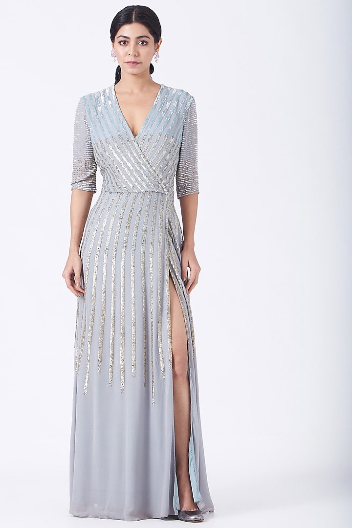 Bluish Grey Hand Embroidered Gown by Lavender at Pernia's Pop Up Shop