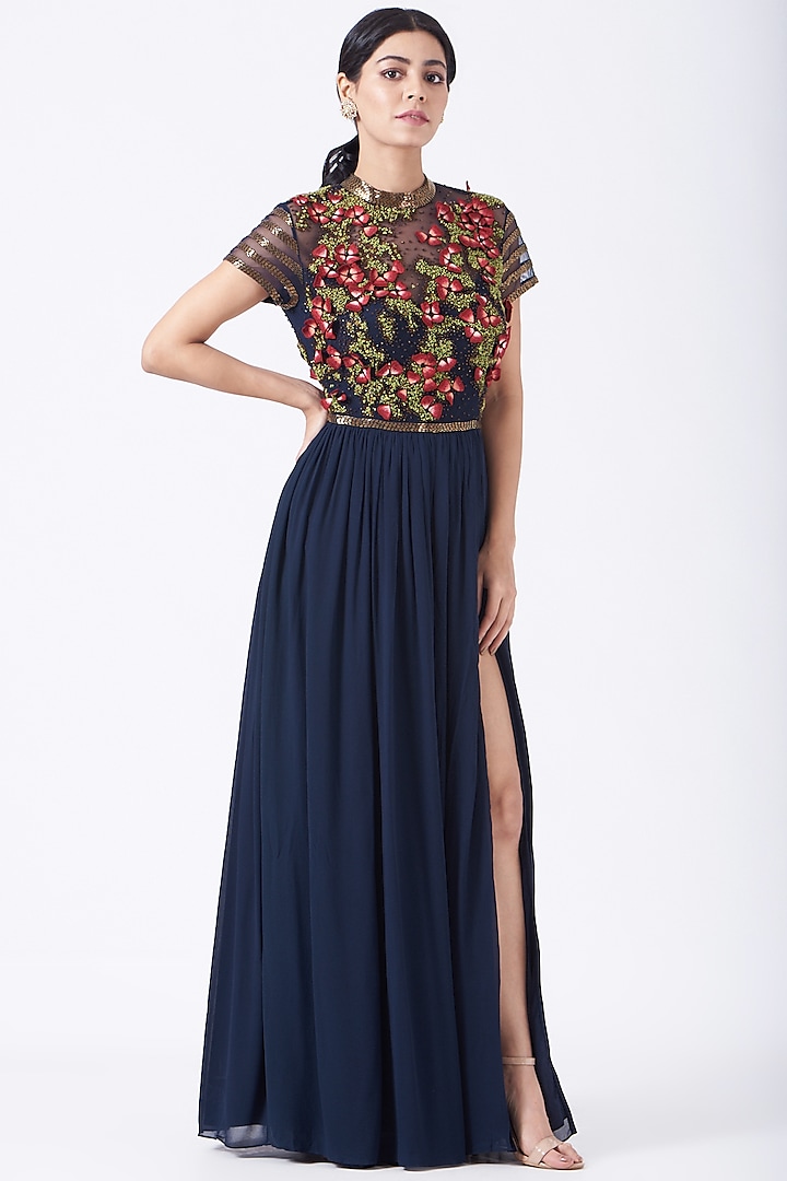 Cobalt Blue Hand Embroidered Gown by Lavender at Pernia's Pop Up Shop