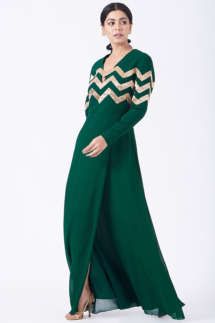 Emerald Green Hand Embroidered Gown by Lavender