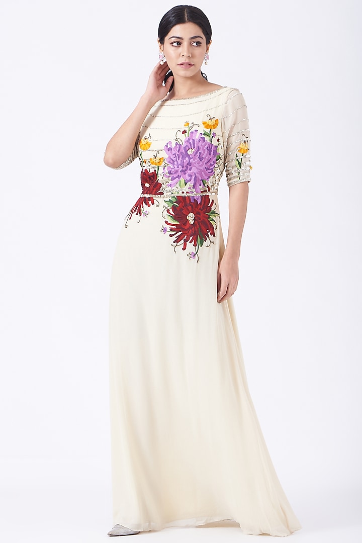White Hand Embroidered Gown by Lavender