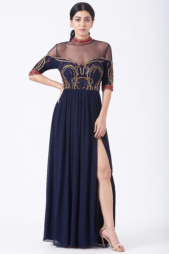 Cobalt Blue Gown With Hand Embroidery by Lavender