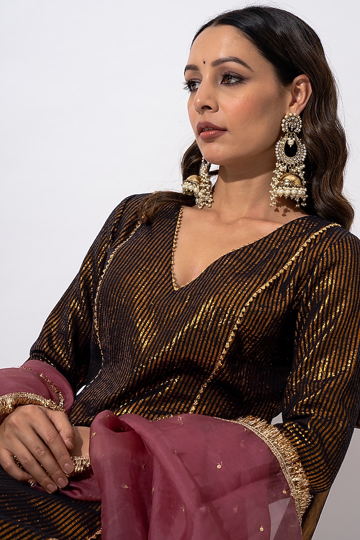 Black Cotton Striped Kurta Set by HUMDUM at Pernia's Pop Up Shop