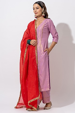 Lilac Cotton Striped Kurta Set by HUMDUM