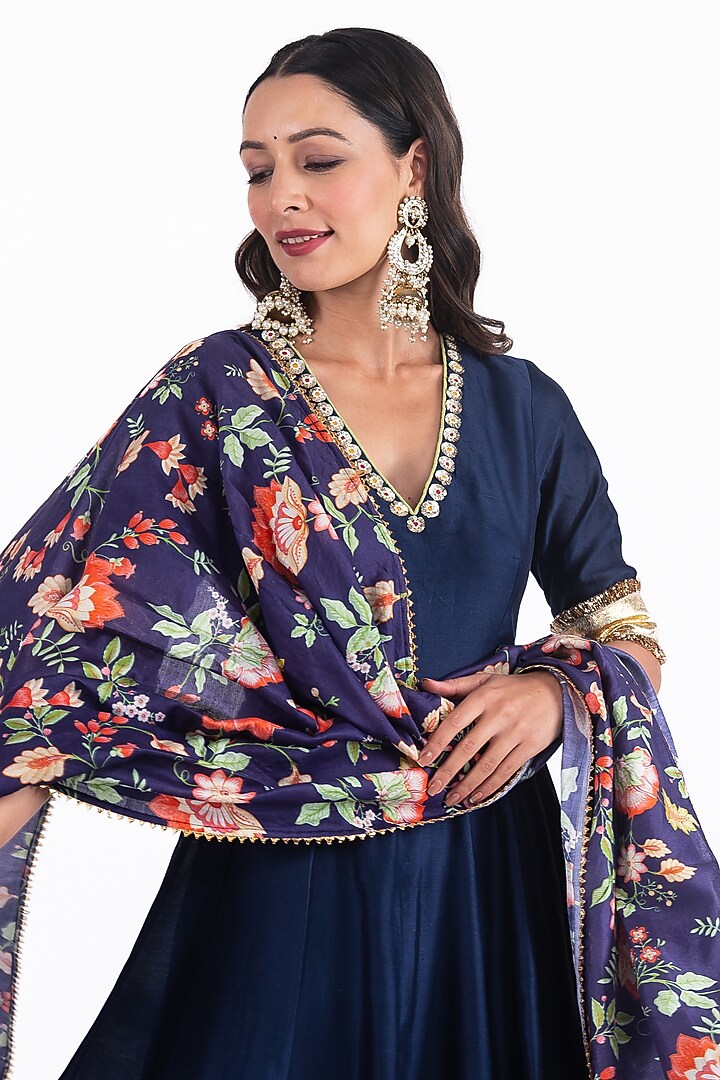 Navy Blue Silk Chanderi Hand Embroidered Anarkali Set by HUMDUM at Pernia's Pop Up Shop