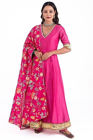 Fuchsia Pink Silk Chanderi Hand Embroidered Anarkali Set by HUMDUM