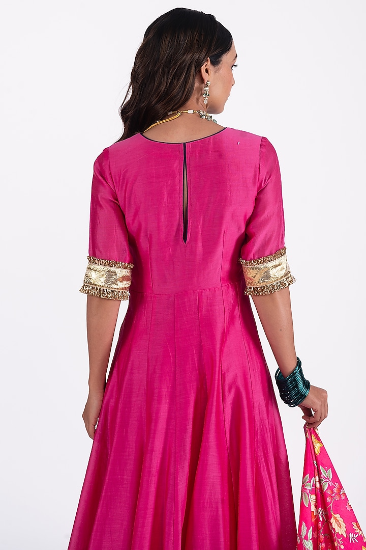 Fuchsia Pink Silk Chanderi Hand Embroidered Anarkali Set by HUMDUM at Pernia's Pop Up Shop