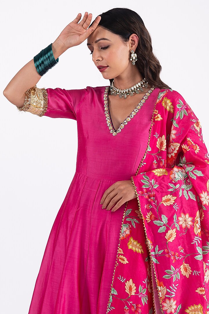 Fuchsia Pink Silk Chanderi Hand Embroidered Anarkali Set by HUMDUM at Pernia's Pop Up Shop