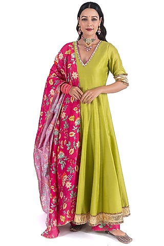 Green Silk Chanderi Hand Embroidered Anarkali Set by HUMDUM