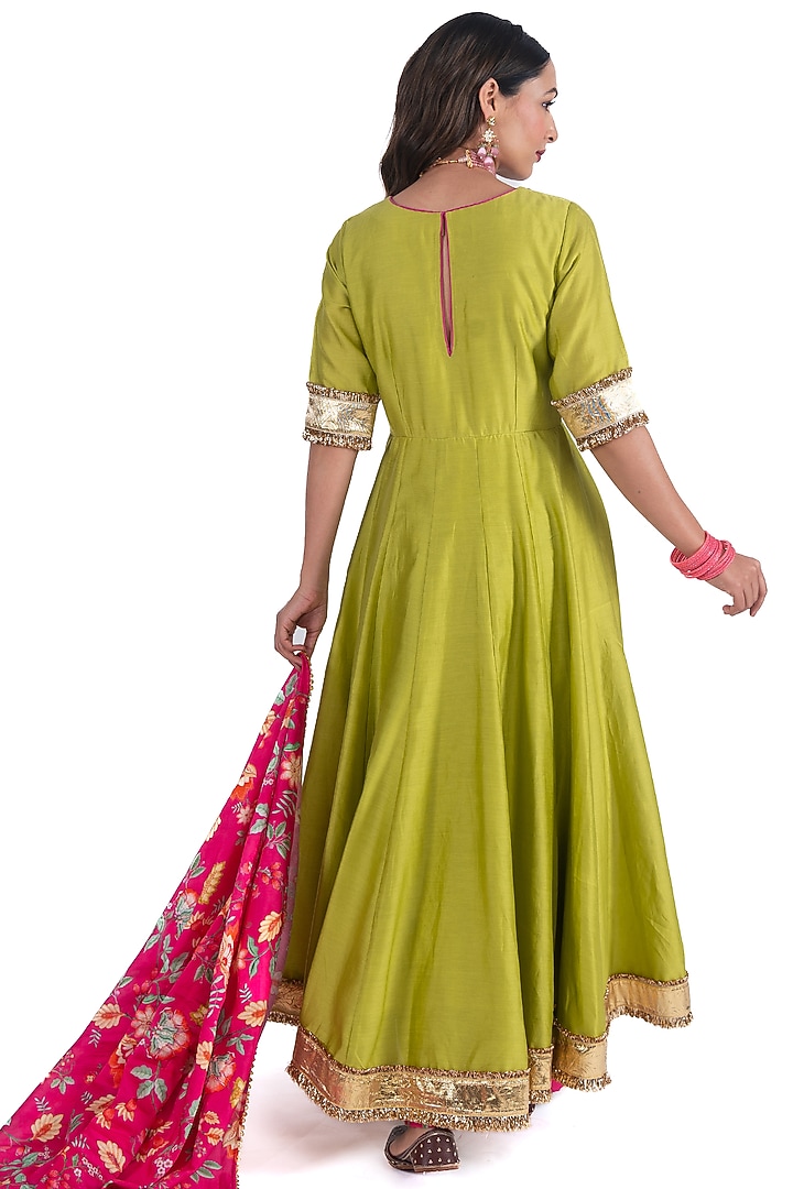 Green Silk Chanderi Hand Embroidered Anarkali Set by HUMDUM at Pernia's Pop Up Shop