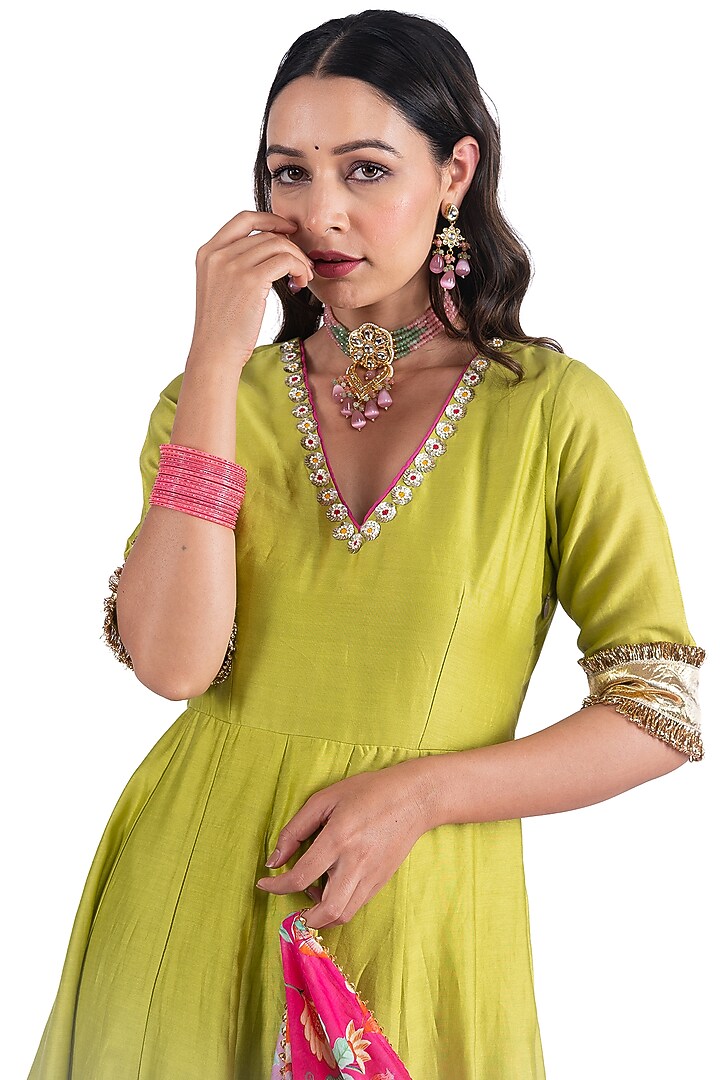 Green Silk Chanderi Hand Embroidered Anarkali Set by HUMDUM at Pernia's Pop Up Shop