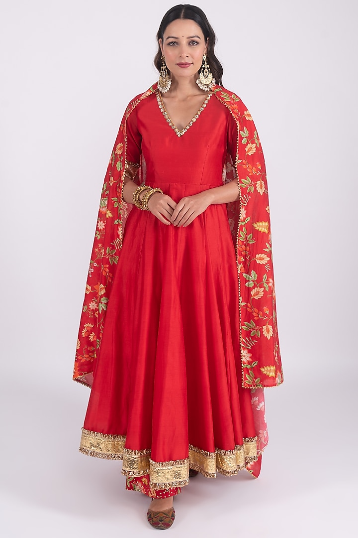 Red Silk Chanderi Hand Embroidered Anarkali Set by HUMDUM