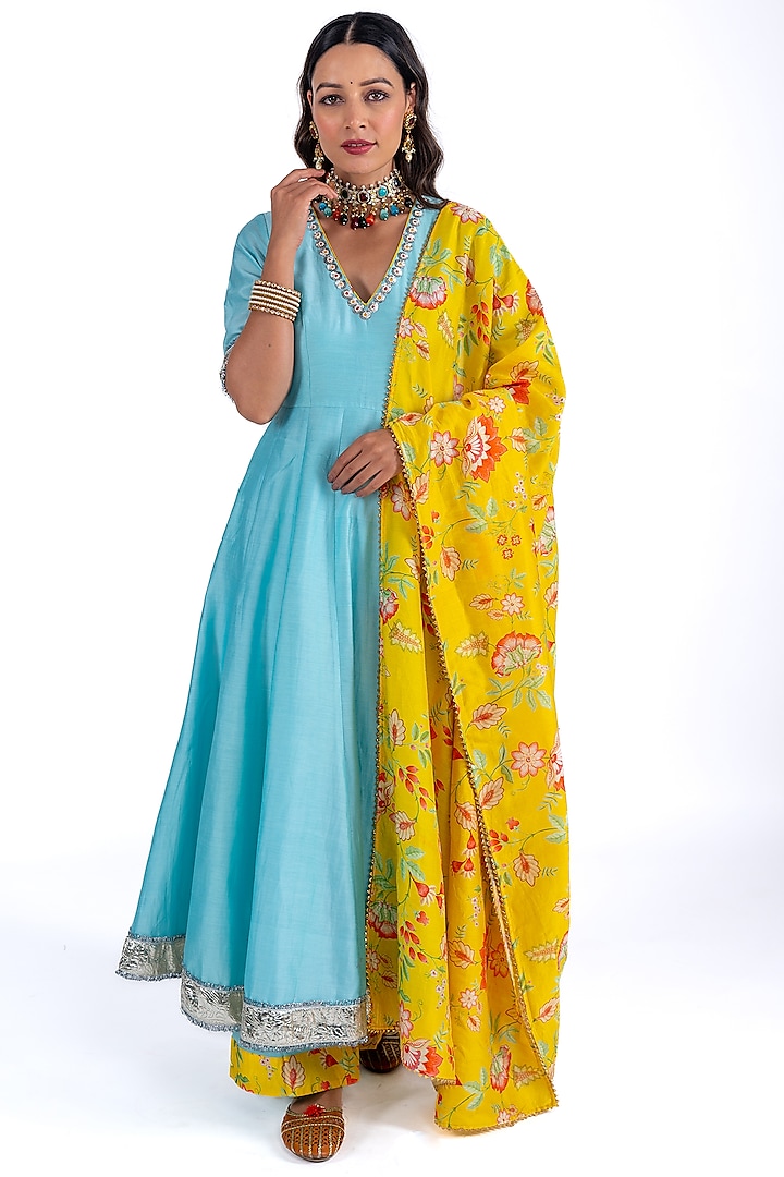 Turquoise Silk Chanderi Hand Embroidered Anarkali Set by HUMDUM