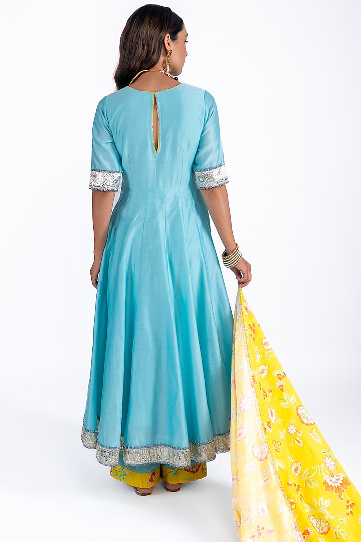Turquoise Silk Chanderi Hand Embroidered Anarkali Set by HUMDUM at Pernia's Pop Up Shop
