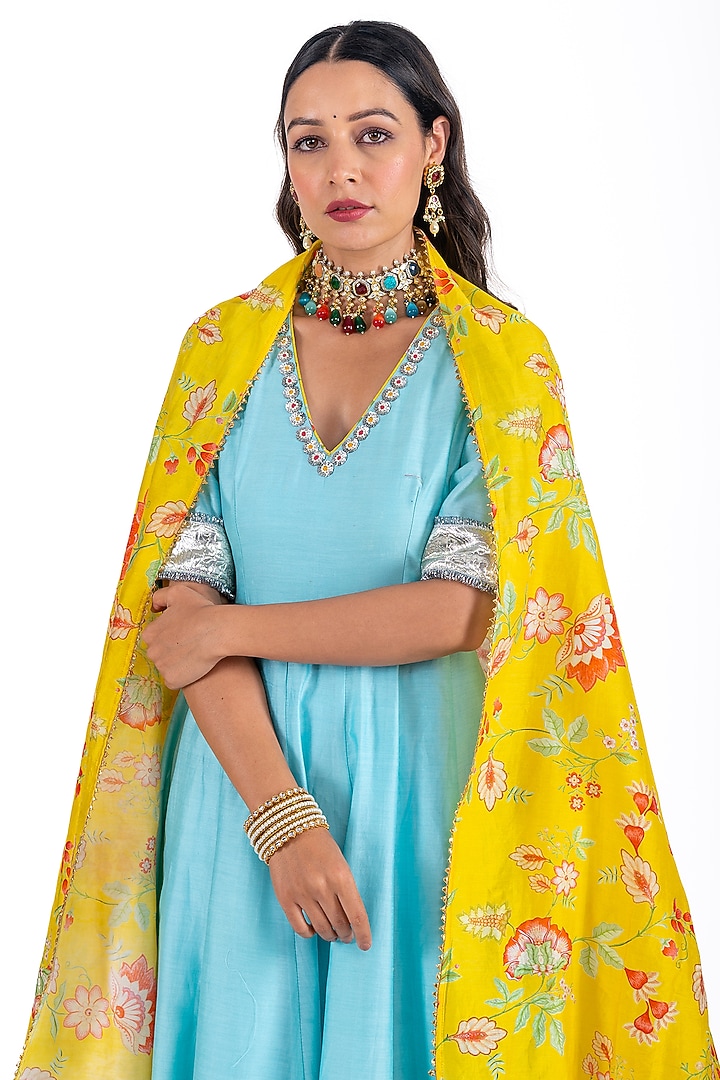 Turquoise Silk Chanderi Hand Embroidered Anarkali Set by HUMDUM at Pernia's Pop Up Shop