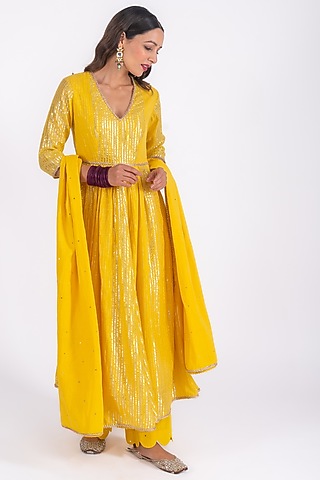 Yellow Cotton Striped Kurta Set by HUMDUM