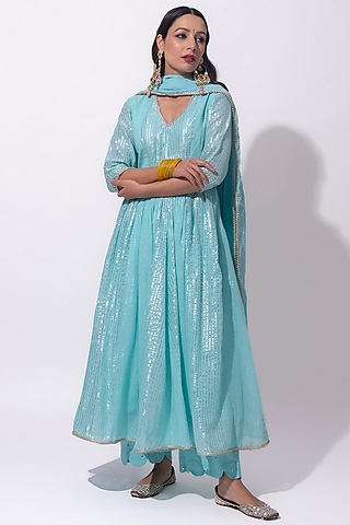 Sky Blue Cotton Striped Kurta Set by HUMDUM