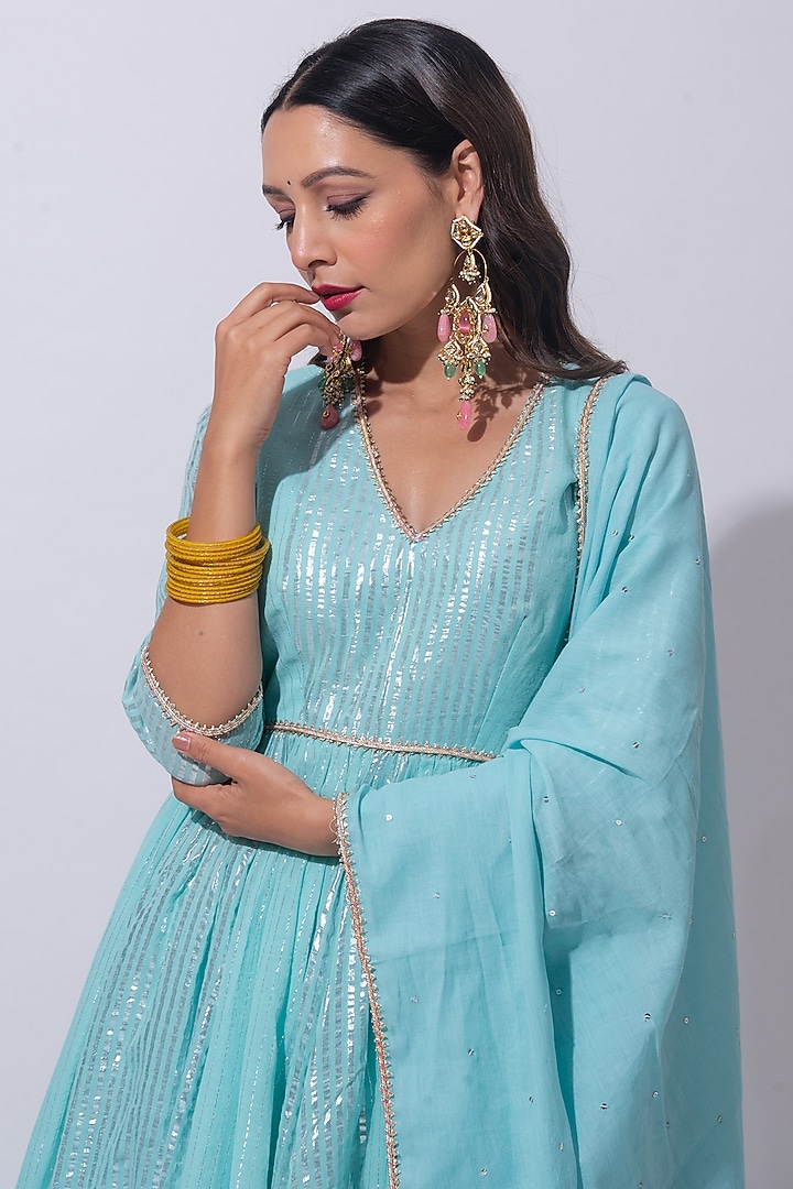 Sky Blue Cotton Striped Kurta Set by HUMDUM at Pernia's Pop Up Shop