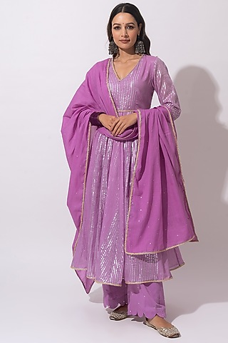 Lilac Cotton Striped Kurta Set by HUMDUM