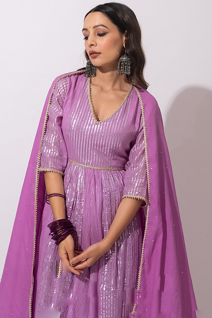 Lilac Cotton Striped Kurta Set by HUMDUM at Pernia's Pop Up Shop