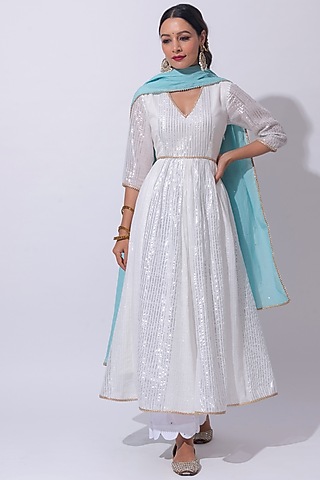 White Cotton Striped Kurta Set by HUMDUM