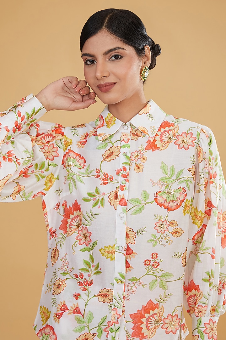 White Silk Chanderi Digital Printed & Beaded Work Co-Ord Set by HUMDUM at Pernia's Pop Up Shop