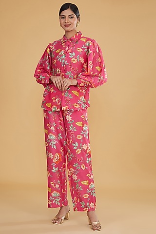 Pink Silk Chanderi Digital Printed & Beaded Work Co-Ord Set by HUMDUM