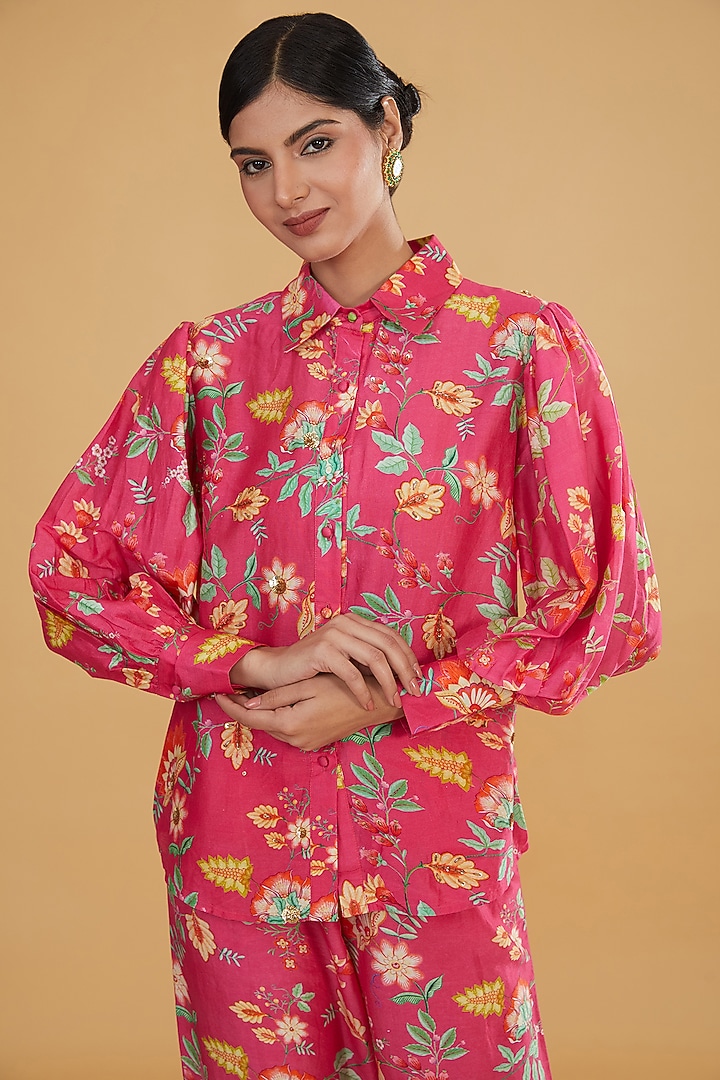 Pink Silk Chanderi Digital Printed & Beaded Work Co-Ord Set by HUMDUM at Pernia's Pop Up Shop