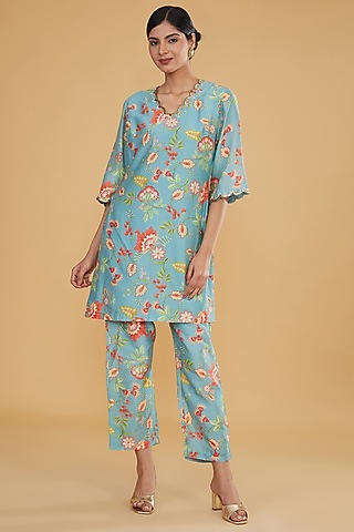 Multi-Colored Silk Chanderi Digital Printed & Hand Embroidered Kurta Set by HUMDUM