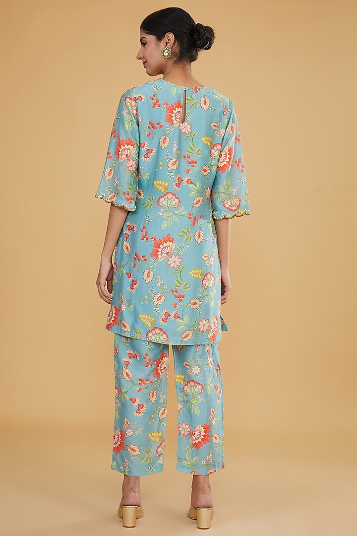 Multi-Colored Silk Chanderi Digital Printed & Hand Embroidered Kurta Set by HUMDUM at Pernia's Pop Up Shop