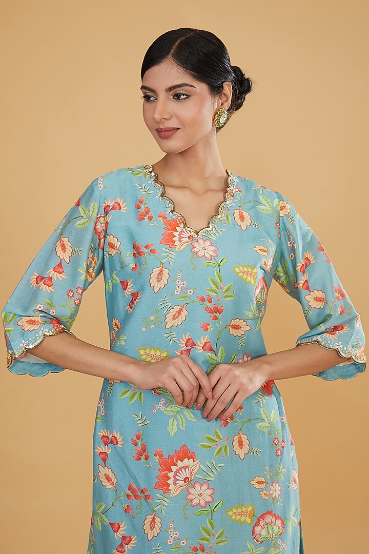 Multi-Colored Silk Chanderi Digital Printed & Hand Embroidered Kurta Set by HUMDUM at Pernia's Pop Up Shop