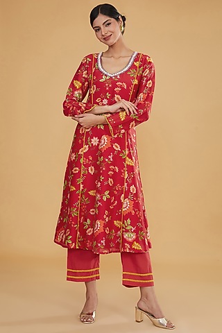Red Silk Chanderi Digital Printed & Hand Embroidered Kurta Set by HUMDUM