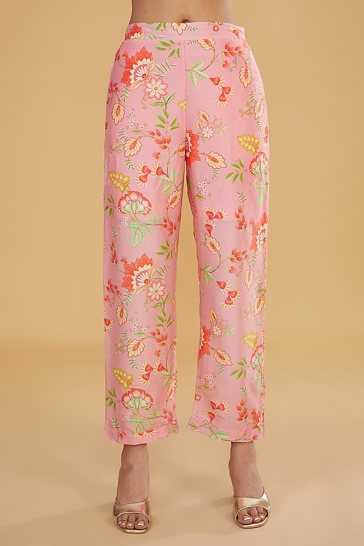 Peach Silk Chanderi Digital Printed & Hand Embroidered Kurta Set by HUMDUM at Pernia's Pop Up Shop