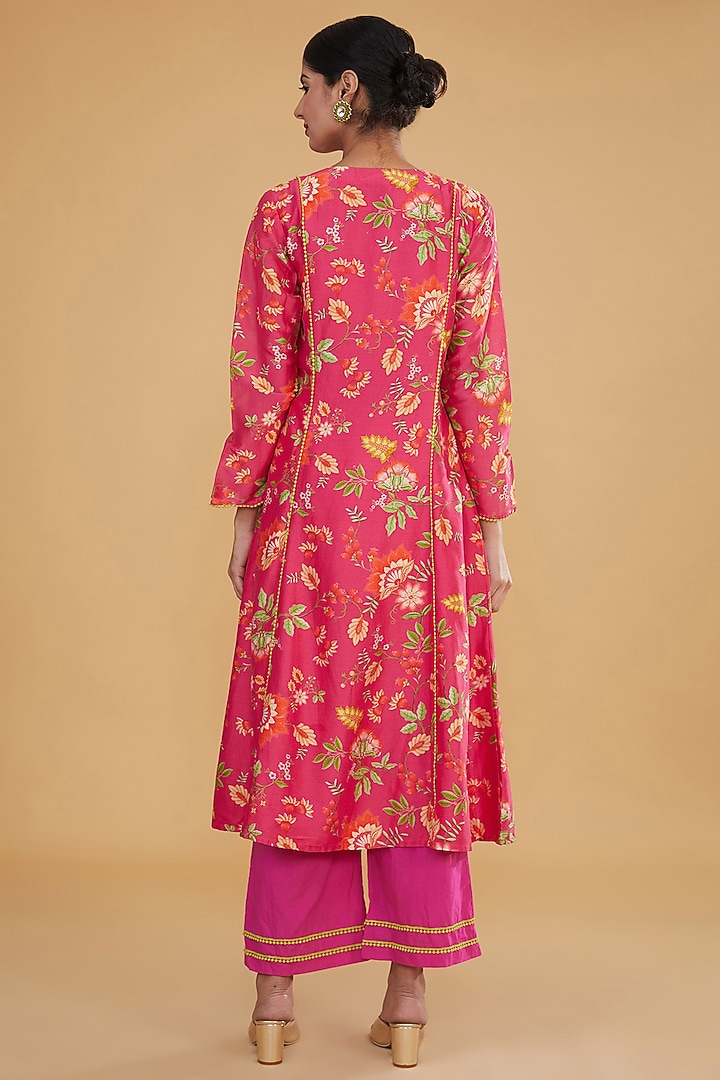 Pink Silk Chanderi Digital Printed & Hand Embroidered Kurta Set by HUMDUM at Pernia's Pop Up Shop