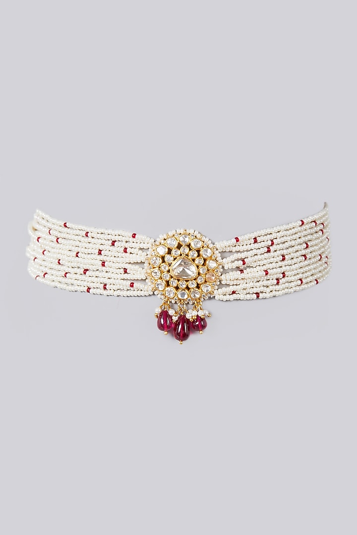 Gold Finish Choker Necklace With Pearls In Sterling Silver by Hunar at Pernia's Pop Up Shop