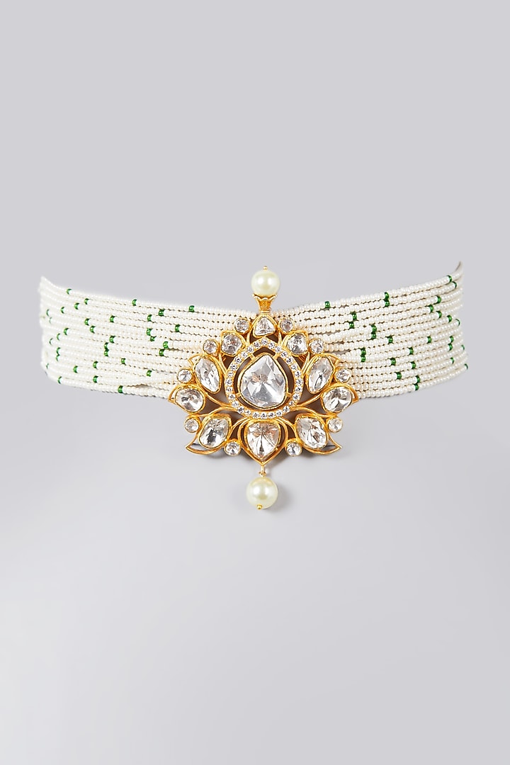 Gold Finish Moissanite Polki Pearl Choker Necklace In Sterling Silver by Hunar at Pernia's Pop Up Shop