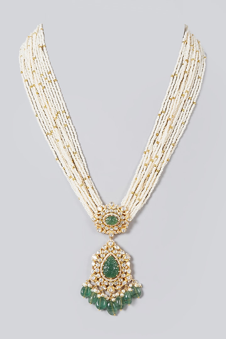 Gold Finish Long Necklace With Pearls In Sterling Silver by Hunar at Pernia's Pop Up Shop