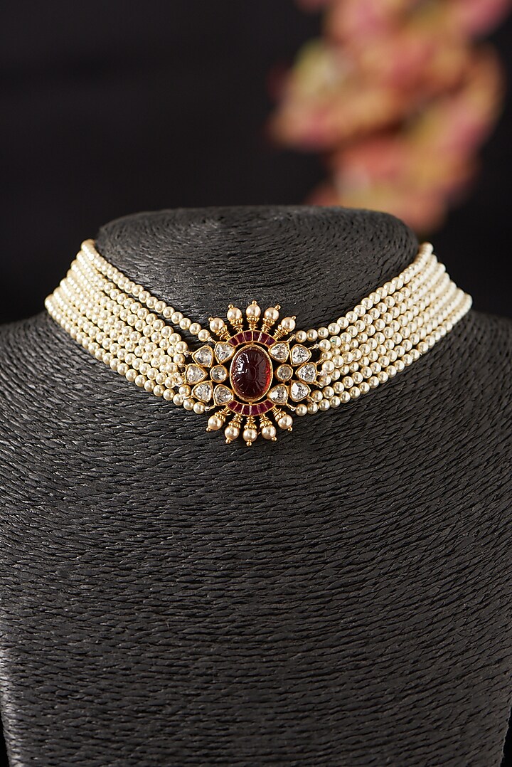 Gold Finish Pearls & Moissanite Polki Choker Necklace In Sterling Silver by Hunar at Pernia's Pop Up Shop