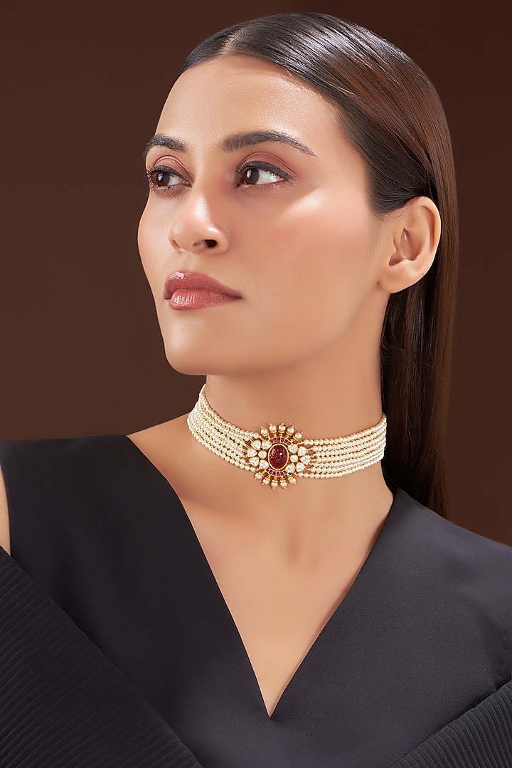 Gold Finish Pearls & Moissanite Polki Choker Necklace In Sterling Silver by Hunar at Pernia's Pop Up Shop