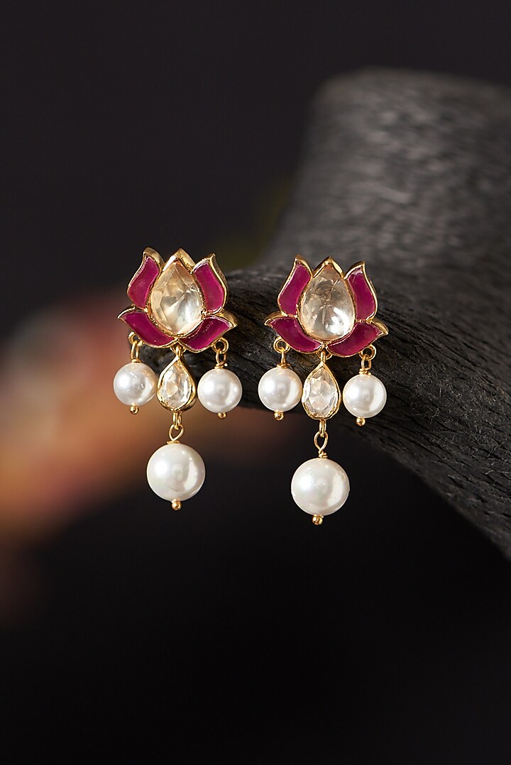 Gold Finish Moissanite Polki & Pink Stone Dangler Earrings In Sterling Silver by Hunar at Pernia's Pop Up Shop