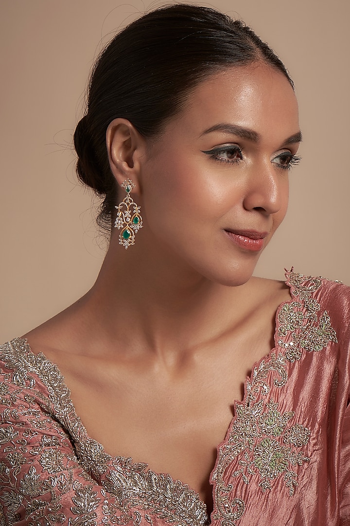 Gold Finish Moissanite Polki & Synthetic Stone Dangler Earrings In Sterling Silver by Hunar at Pernia's Pop Up Shop