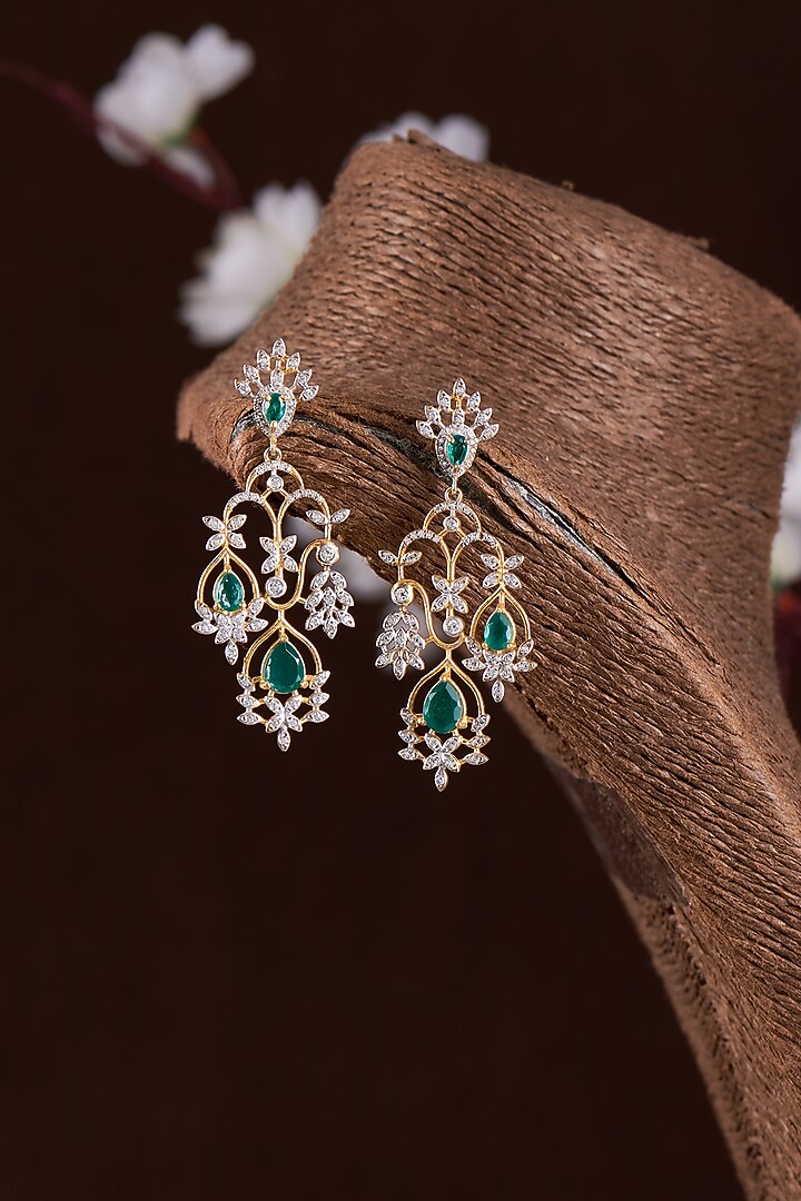 Gold Finish Moissanite Polki & Synthetic Stone Dangler Earrings In Sterling Silver by Hunar at Pernia's Pop Up Shop