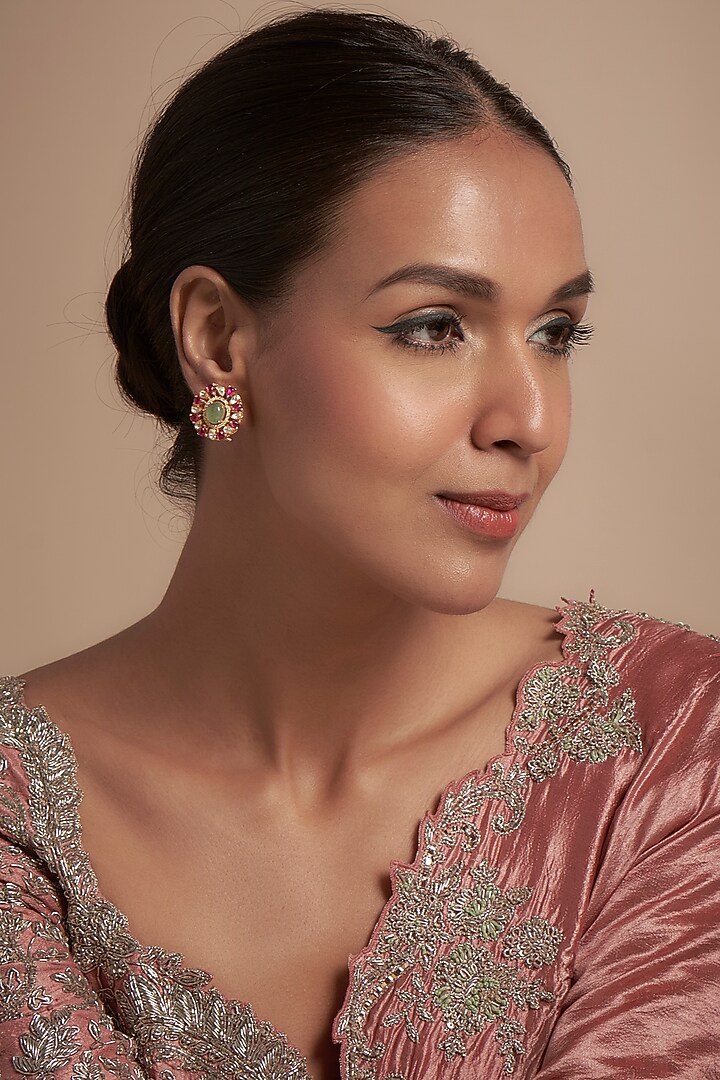 Gold Finish Moissanite Polki & Red Stone Stud Earrings In Sterling Silver by Hunar at Pernia's Pop Up Shop