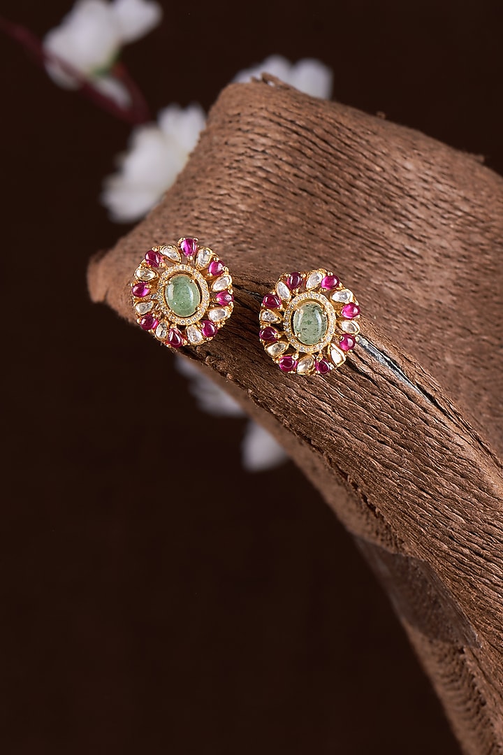 Gold Finish Moissanite Polki & Red Stone Stud Earrings In Sterling Silver by Hunar at Pernia's Pop Up Shop