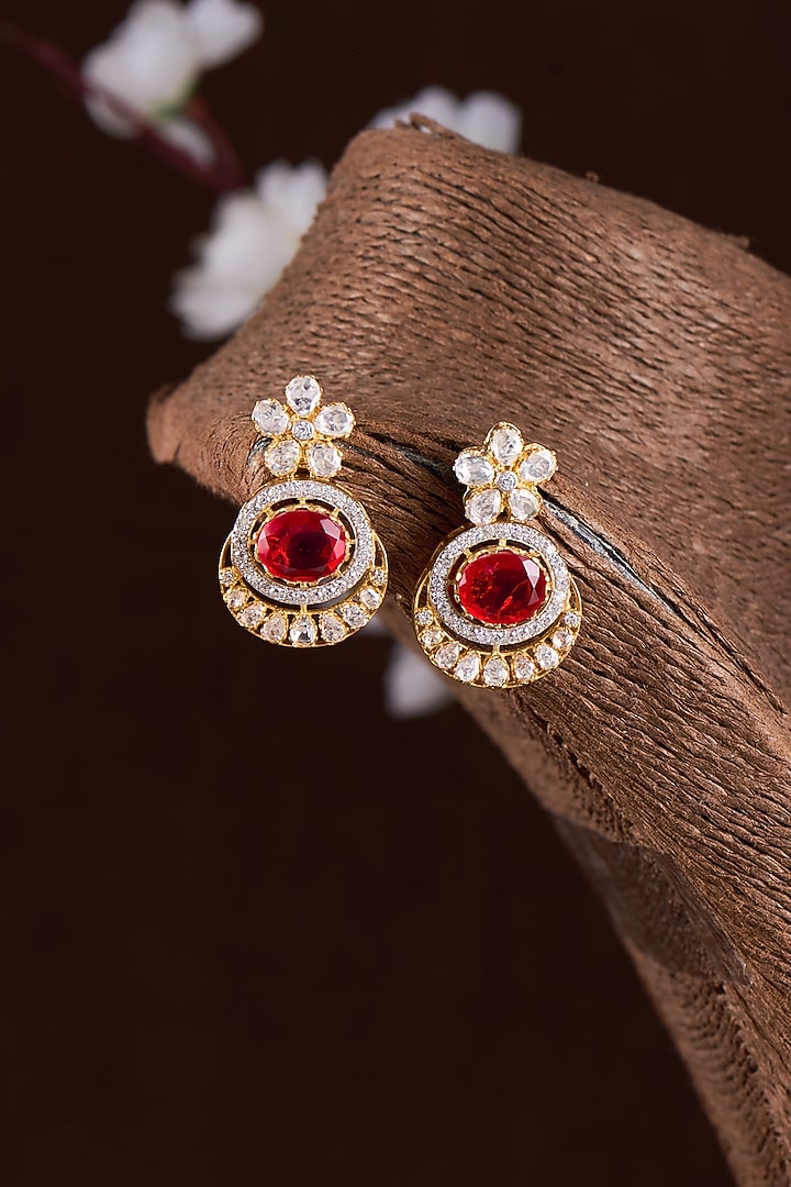 Gold Finish Moissanite Polki & Red Stone Dangler Earrings In Sterling Silver by Hunar at Pernia's Pop Up Shop